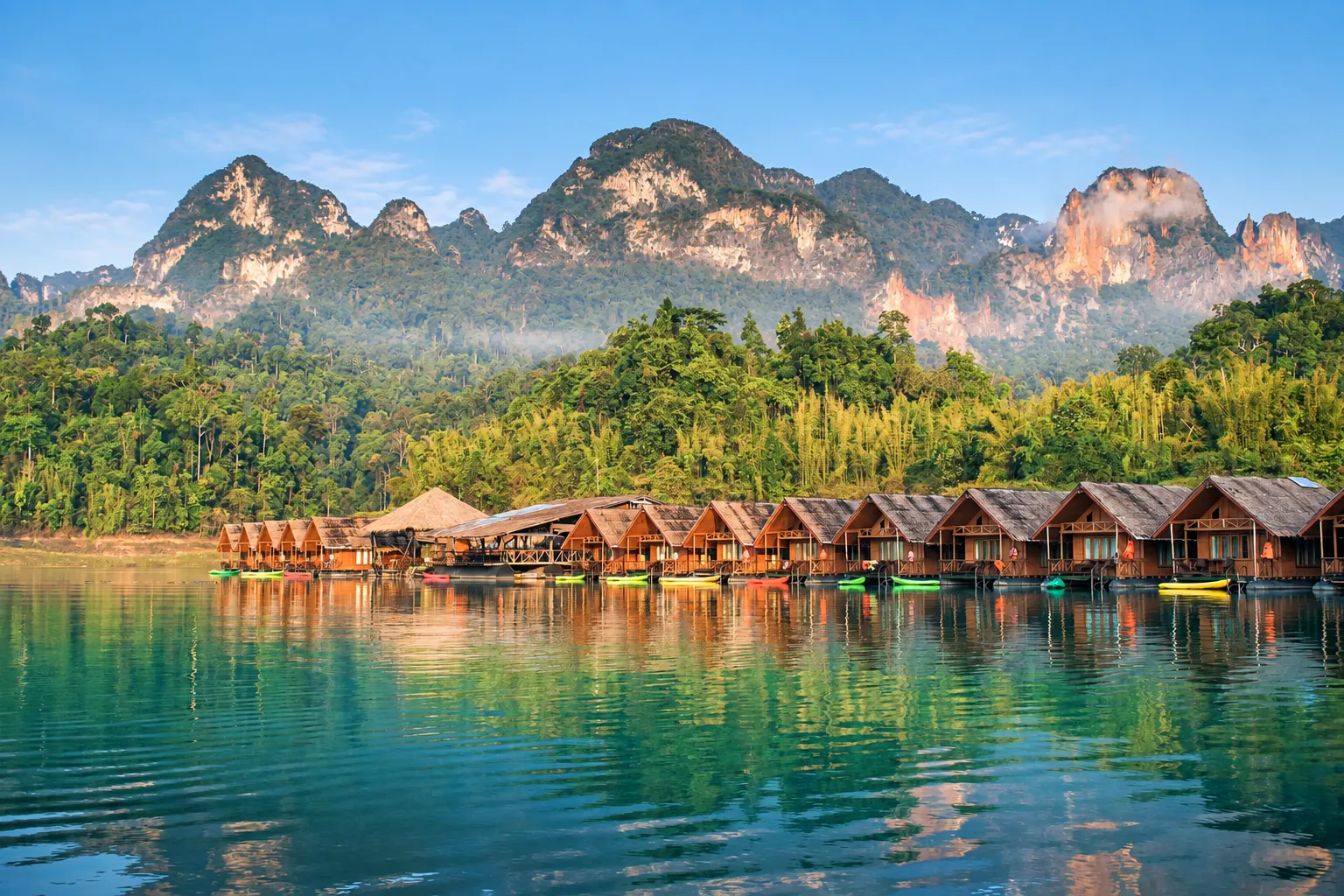 Floating raft houses on Cheow Lan Lake